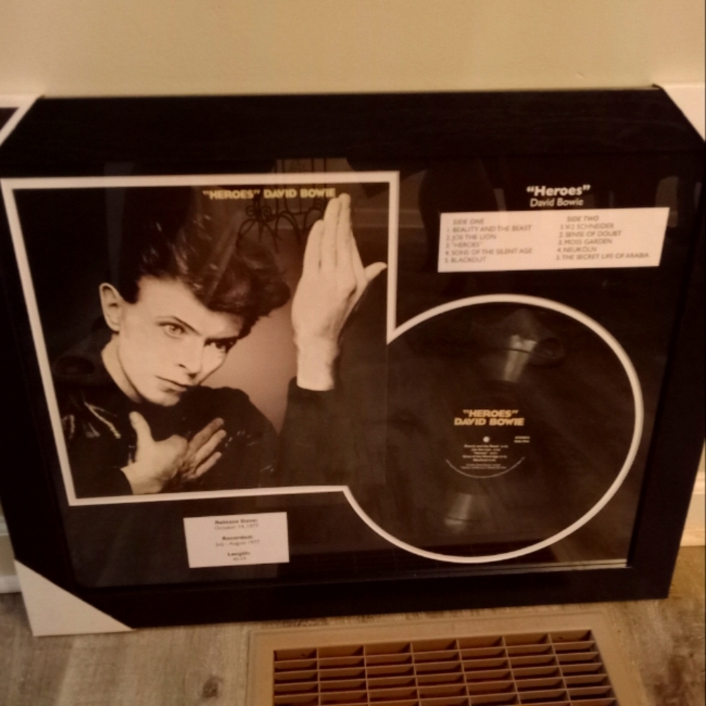 David Bowie HEROES vinyl album and cover art with track list frame